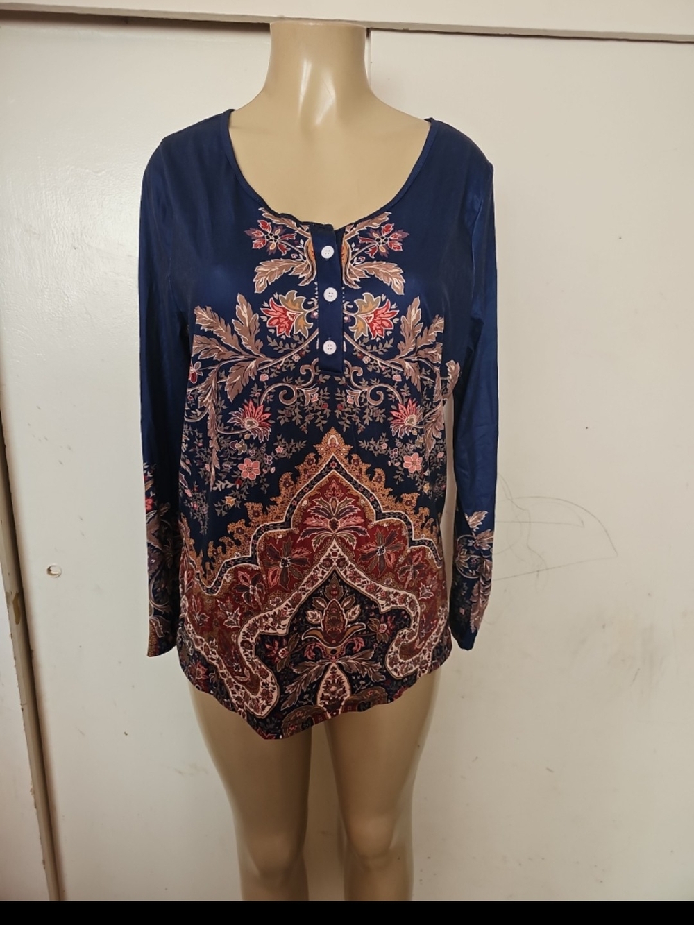 SL Fashions Navy Henley Blouse with Multicolor Paisley Print